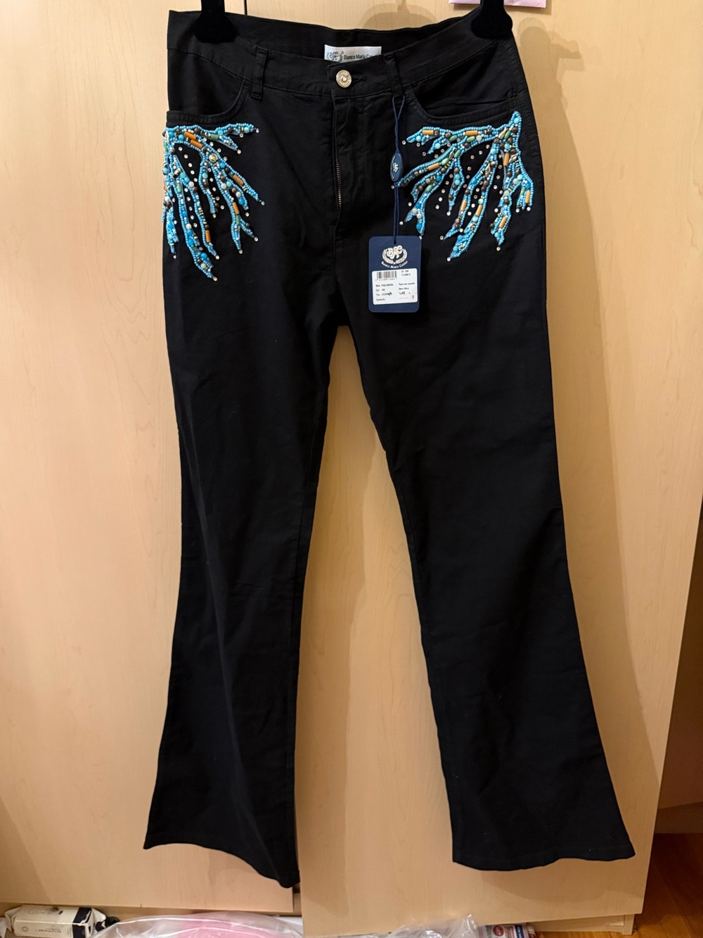 Black Flare Jeans with Turquoise Bead Embellishment made in Italy